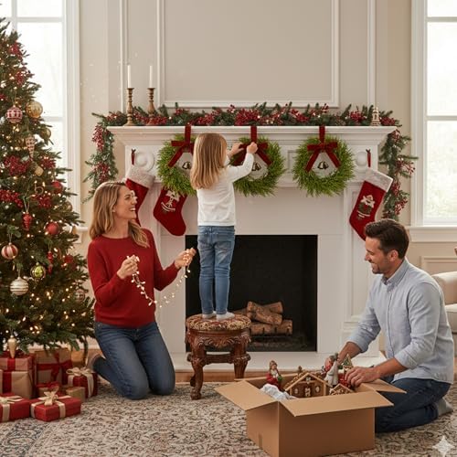 6Pcs Mini Christmas Cedar Wreath, 12 Inch Small Wreaths for Kitchen Cabinets, with Deep Red Bow Vintage Bells Pine and Cypress Leaves for Fireplace Window Farmhouse Indoor Home Decorations - Image 7