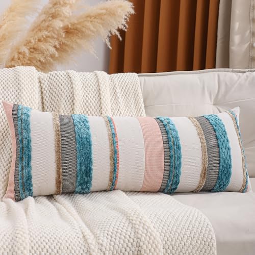 Coastal Lumbar Throw Pillow Cover 14x36 Boho Decor Turquoise Blue by Tosleo