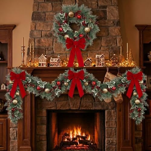 22 Inch Christmas Wreath for Front Door, Artificial Frosted Wreath with Red & Gold Ornaments, Berries & Snowy Holly Leaves, Elegant Holiday Decoration for Home Indoor Outdoor - Image 3