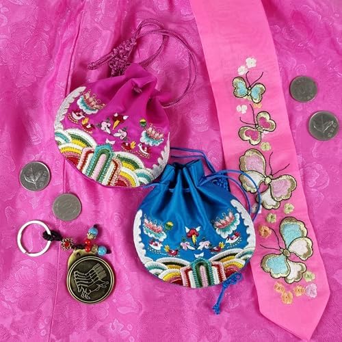 Seoulful Vintage Korean Embroidered Bokjumeoni - 5-Piece Traditional Lucky Pouch Set with Decorative Symbols - Hanbok Fortune New Year & Chuseok Gift Bag - Image 3