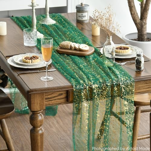 Artoid Mode Green Gold Gauze Table Runner 120 Inch 10Pcs, Glitter Metallic Foil Sheer Dining Wedding Anniversary Holiday Table Decor for Home Party - Image 3