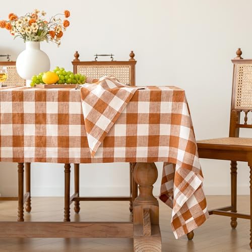 Linen World Gingham Tablecloth – Buffalo Plaid Linen Tablecloth 108" x 60" Inch,100% French Flax Table Cloth for Dining Table,Weddings,Thanksgiving & Christmas Decor,Rust Checkered - Image 2