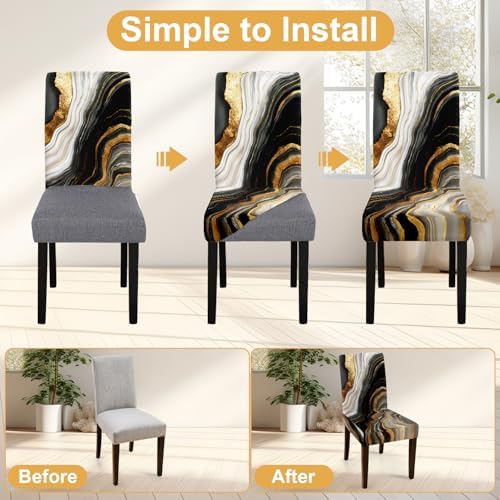 Black Marble Chair Covers Set of 6,Stretchable Kitchen Dining Room Chair Covers Decorations Removable Washable Dining Chair Slipcovers Chair Protectors for Dining Room & Kitchen - Image 4