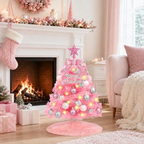 2FT Pink Mini Christmas Tree with Lights, Balls Tree Skirt 8 Lighting Modes - Image 7