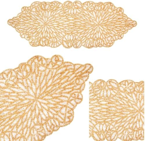 Beaded Table Runner 13x36 Inches - Thanksgiving Easter Runner for Table for Farmhouse Dining, Boho Rustic Vintage Holiday Party Room Decor - White/Golden by RIANGI