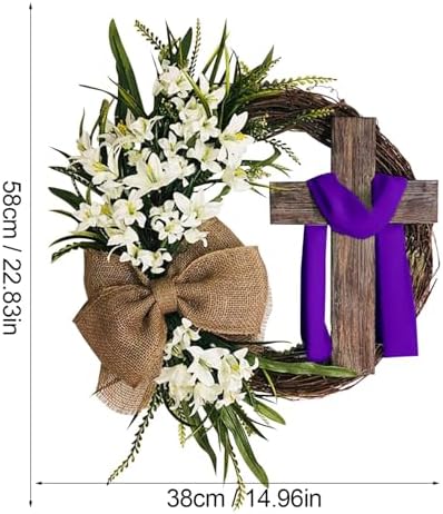 Easter Cross Wreath with Burlap Bow, Easter Door Wreath with Burlap Bow Swag Bowknot Rustic Farmhouse Spring Lily Wreath Easter Decorations for Hanging Door Decor (23IN Num.05) - Image 5
