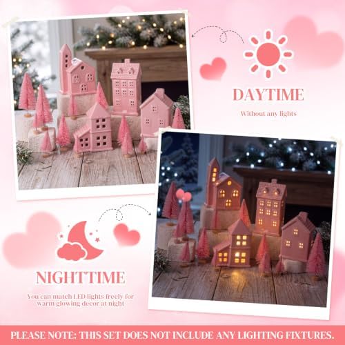 Suclain 16Pcs Christmas Ceramic Village Houses with Tree, Stylish, Pink - Image 4