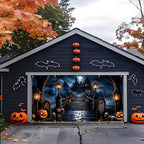 Halloween Garage Door Banner 16x7 ft Outdoor Spooky Haunted Castle Backdrop Cover Large Cemetery Gravestone Pumpkin Jack-O-Lantern Full Moon Bats Skulls Holiday House Wall Party Decorations - Image 5