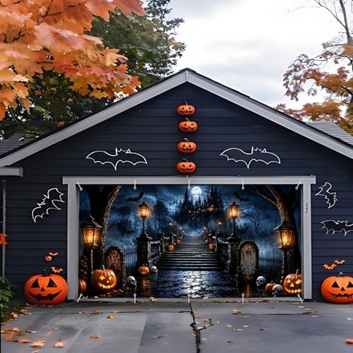 Halloween Garage Door Banner 16x7 ft Outdoor Spooky Haunted Castle Backdrop Cover Large Cemetery Gravestone Pumpkin Jack-O-Lantern Full Moon Bats Skulls Holiday House Wall Party Decorations - Image 5