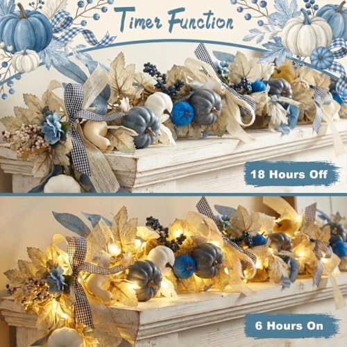GAGEC 1Pcs 5.7FT Blue Fall Garland with Lights Timer Function Artificial Pumpkin Garland with Leaves Bow Without Battery Blue Fall Decor Autumn Vine Decorations for Mantle Fireplace Porch Thanksgiving - Image 4