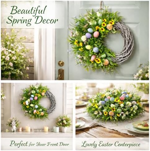 Easter Spring Wreath for Front Door, 24 Inch Handmade Floral with Pastel Eggs, Greenery and Sunflowers, Farmhouse Wall Decoration - Image 4