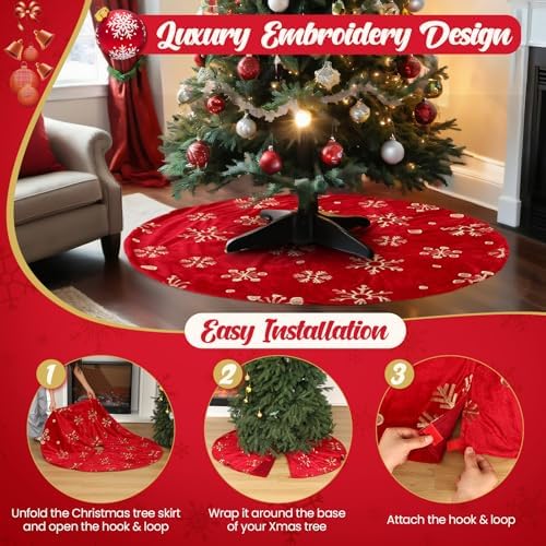 Nuanchu 48 Inch Christmas Tree Skirt, Large Red Velvet Fur Tree Skirt, Luxury Gold Embroidered Snowflake Trees Cover for Merry Christmas Party Vintage Holiday Decorations - Image 6