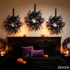 6 Pcs Small Halloween Hanging Wreaths with Black Foliage Purple Berries Orange Mini Pumpkins Purple Flowers Decor Balls Black Sheer Ribbon Gothic Mini Cabinet Wreath for Halloween Party Decor - Image 3