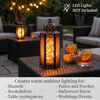 VELA LANTERNS 2pk Moroccan Candle Lantern Decorative Candle Holder Lamp for Table or Hanging, Indoor Home Decor, Outdoor Patio or Porch, Weddings, Black Metal, Medium, Amber Glass - Image 5