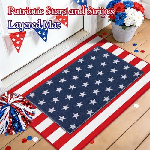 2PCS 4th of July Door Mat Combination, Patriotic Stars and Stripes Front Porch Decor, Independence Day Layered Welcome Mat, Red White and Blue Outdoor Rug for Memorial Day Entryway Decoration - Image 7