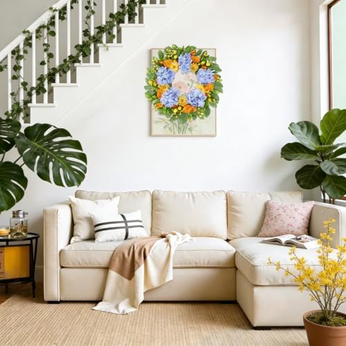 U'Artlines 22 Inch Spring Summer Wreaths for Front Door, Artificial Hydrangea Wreath with Green Leaves Berries, Large Silk Floral Wreath for All Seasons Window Wall Wedding Decor - Image 4