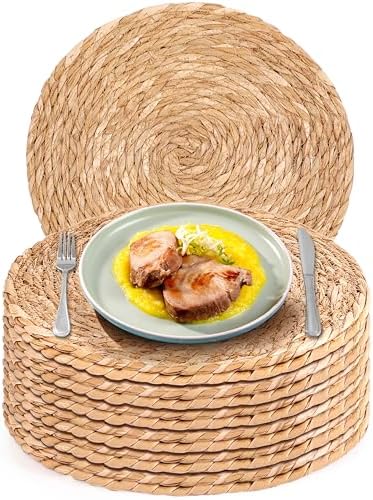 Round Woven Placemats Set of 12，12 Inch Natural Rattan Placemats Hand-Woven Water Hyacinth Placemat Farmhouse Rustic Braided Boho Wicker Table Mats for Christmas Dining Table Wedding Home (12 Inch) by Unknown