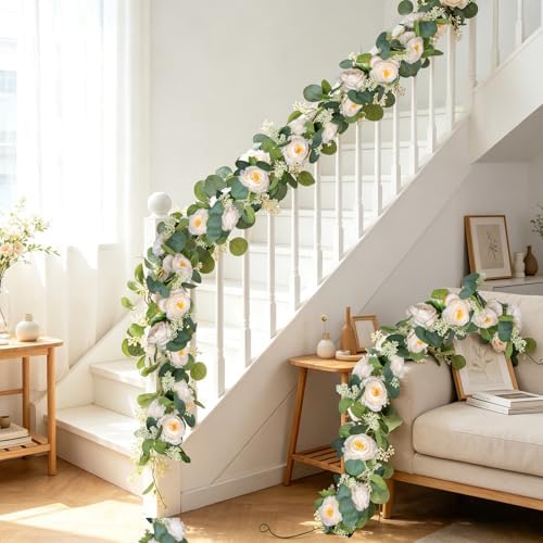 Uguisu 2Pcs Artificial Garland with Roses, 5.9ft Greenery Eucalyptus Garland for Wedding, Party, Mantel, Table, Indoor and Outdoor Decoration. Champagne - Image 5