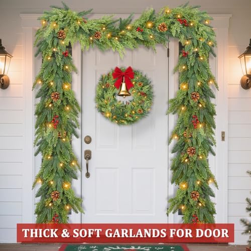 Prelit 50LED - 9 Ft by 12 Inch Christmas Garland with Lights Timer, Real Touch Norfolk Pine Cedar Garland 150 Cypress & 50 Norfolk PE Tips Berries Pine Cones for Indoor Fireplace Mantle Table Decor - Image 6