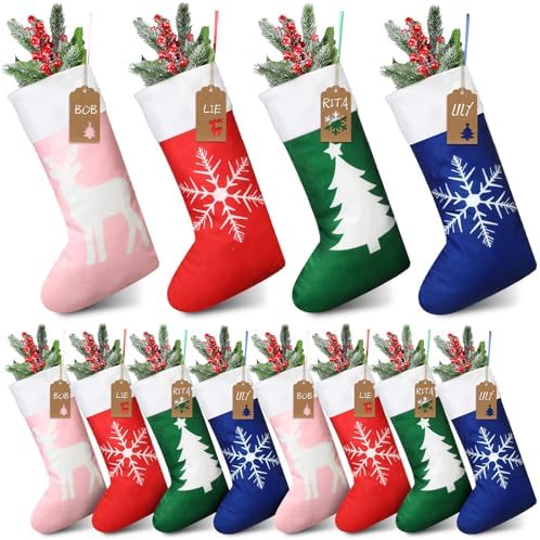 Shinymoon 12 Pack Christmas Stockings Bulk, Red, Green, Blue, Pink, Basic by Shinymoon