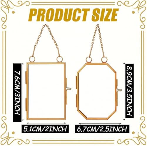Qunclay 6 Pcs 2.5 x 3.5” 2 x 3 Christmas Brass Picture Frame Ornaments Octagonal Rectangular Christmas Metal Double Glass Hanging Photo Frame with Metal Chain for Xmas Tree Decorations(Gold) - Image 2