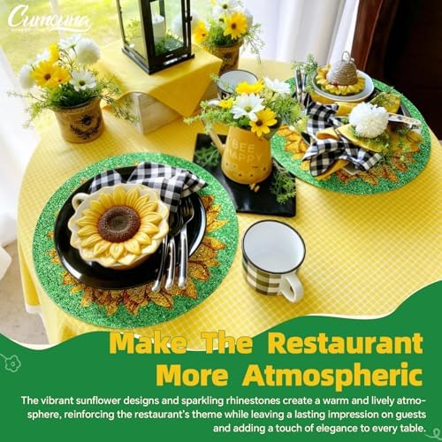 15" Sunflower Rhinestones Placemats Set of 4, Round,Green Yellow - Image 6