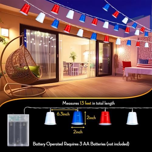 Hiboom 1 Pack 13 ft Red White Blue Shot Cup String Lights for 4th of July - Image 2