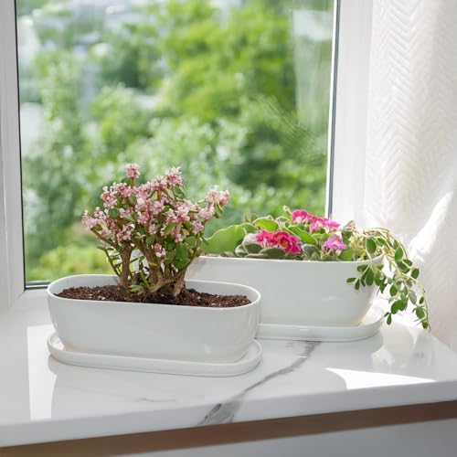 E-liu 11+14 inch Ceramic Plant Pots with Drainage Holes Saucers, Set of 2 - Image 7