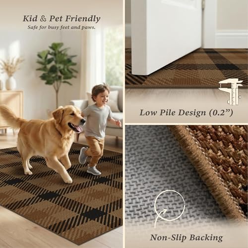 JTJ Easy Jute 2x6 Outdoor Runner Rug, Black & Brown Plaid, Washable - Image 5