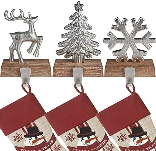 JUSTOTRY Christmas Stocking Holders for Mantle Set of 3 Tree and Snowflakes and Deer with Non-Skid Silver Stockings Holders for Fireplace Home Decor Durable and Sturdy Holiday Decorative Stand by JUSTOTRY