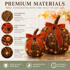 Lighted Fall Pumpkin Decor 2 Pack Rattan Pumpkins with Velvet Bow - Image 5