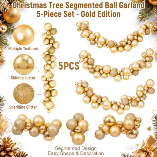 Silipull 5 Pcs 2.3 ft Large Christmas Ball Garland Ornaments, Gold - Image 3