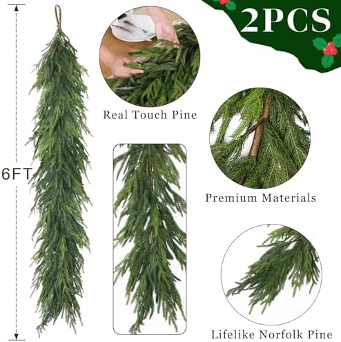 2Pcs 6FT Lifelike Touch Fake Norfolk Pine Garland for Christmas Home Decor - Image 5