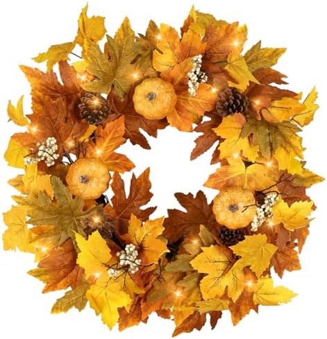 Fall Wreaths for Front Door Outside Autumn Wreath with Lights Berries Pine Cones Fall Decorations for Home Decor Pumpkin Wreath for Farmhouse Holiday Thanksgiving Harvest Halloween Outdoor by Zmtyykh