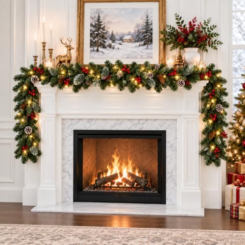 9FT Christmas Garland with Lights, Pre-Lit Lighted Christmas Decorations for Mantle Fireplace Table Stairs,Winter Indoor Outdoor Xmas Home Decor,Realistic Cedar Pine Garlands with Pinecone Berries by Unknown