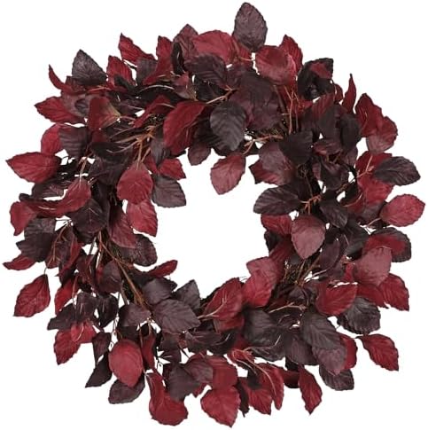 Artificial Fall Leaf Wreath for Front Door – 20" Autumn Wreath with Lifelike Fagus Sylvatica Foliages – Burgundy Red – Rustic Thanksgiving & Halloween Decoration for Indoor & Outdoor by Arborus