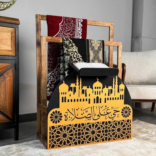 Elegant Wooden Quran Holder & Prayer Mat Holder – Islamic Home Décor, Prayer Rug Organizer, Ramadan & Eid Gift, Decorative Wooden Islamic Accessories, Quran Display Holder for Mosque & Home Gold-Black - Image 2
