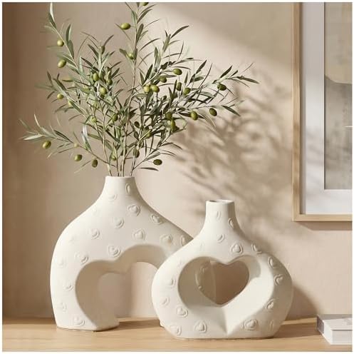 White Ceramic Flower Vases Table Decor Heart Shaped Vase Set of 2 - Image 3