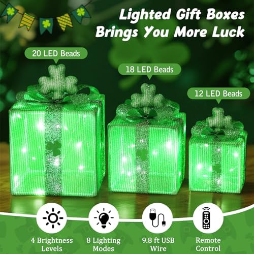 Lewondr St Patricks Day Decorations Lighted Gift Boxes with 3D Shamrocks, Green Decor Light Up Present Boxes for St Patrick's Day, USB Powered + Remote Control Lucky Clover for Indoor Home Holiday - Image 2