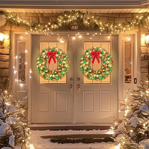 Yaheetech 30in Large Artificial Christmas Wreath, Pre-lit Holiday Accent Decoration with Red Bow, 110 LED Lights & 300 PVC Tips, Metal Structure for Door Wall & Mantel - Image 5