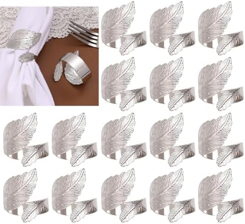 Silver Napkin Rings Set of 50,Metal Leaf Napkin Ring Silver Cloth Holders Bulk for Weddings Holiday Dinner Party Spring Thanksgiving Christmas Gathering Banquet Dinner White Table Decor(50) by MagicRealForBetterLife