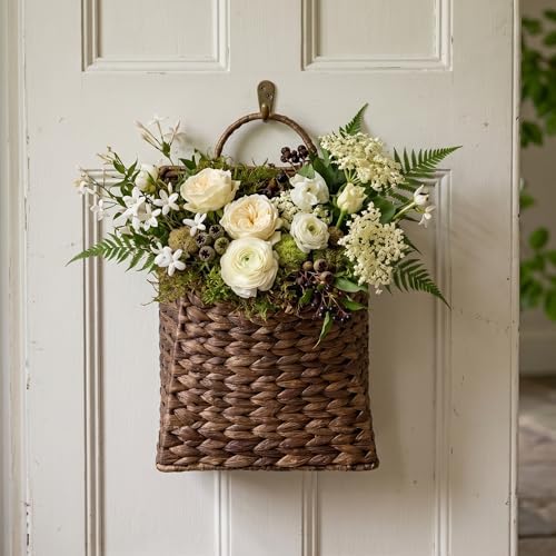 PINXIURY Water Hyacinth Hand Woven Basket, Wicker Hanging Wall Basket, handmade Decor & Storage Organizer for Entryway, Bathroom, Living Room, Farmhouse, and Front Door, 8.7 x 4.7 x 11.4 inch, Coffee - Image 6