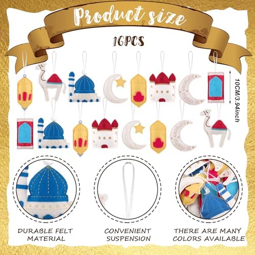 HunnmingRe 16 Pcs Ramadan Tree Ornaments 3D Felt Eid Mubarak Hanging Ornaments Ramadan Islamic Moon Star Castle Lantern Decorations for Holiday Party Door Home Wall Mantel Arts Crafts Gifts - Image 2