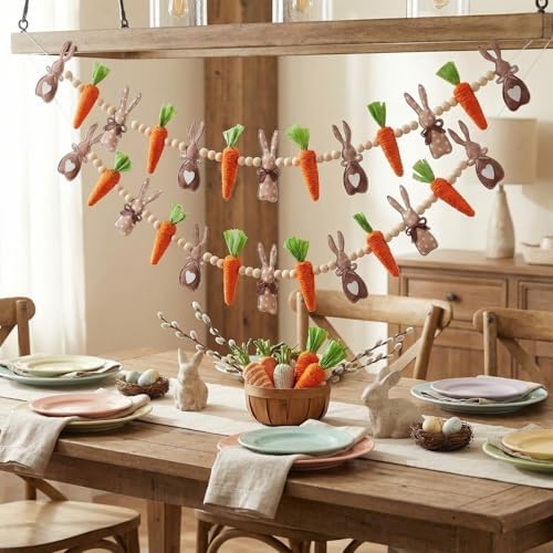 Marsui 2 Pas Easter Garland Felt Bunny Carrot 6 Ft Rabbit Wooden Beads Easter Banner Rustic Fireplace Garland Farmhouse Banner Mantel Decorations for Home Shelf Fireplace Wall Mantle Windows - Image 5