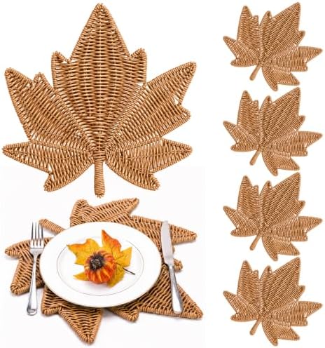 4pcs Rattan Maple Leaf Placemats for Farmhouse Thanksgiving Table by Unknown