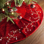 Bunny Chorus Christmas Tree Skirt, 60 inches Classic Large Velvet Fur Plush Red Tree Skirt, Baroque Tree Skirts with Gold Embroidered Pearls and Crystals for Merry Christmas by Ivenf