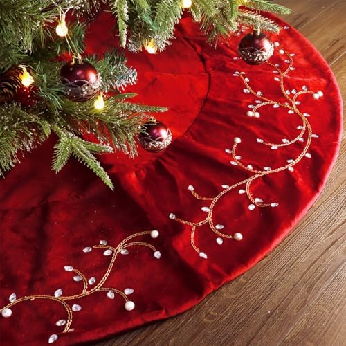 Bunny Chorus Christmas Tree Skirt, 60 inches Classic Large Velvet Fur Plush Red Tree Skirt, Baroque Tree Skirts with Gold Embroidered Pearls and Crystals for Merry Christmas by Ivenf