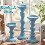 Set of 3 Light Blue Candle Holders Rustic Farmhouse Mango Wood Candlestick Holder Large Pillar Candle Stand Vintage Antique Home Decor for Table Centerpieces Fireplace Mantel, 12", 9", 6" H - Image 2