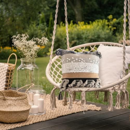 Throw Boho Pillow Cover, 18”x18” Bohemian Moroccan Rustic Decorative Pillows with Tufted Accents, Plush Handwoven Cotton, Textured Woven Neutral Farmhouse Scandinavian Home Decor - Image 4