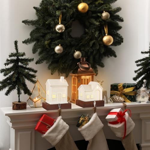 2 Pcs House Stocking Holder Christmas Stocking Holders for Mantle White House Stocking Holder LED Light up Stocking 3D Ceramic House Stocking Hanger Decorative Fireplace Mantle Stockings Hook - Image 3